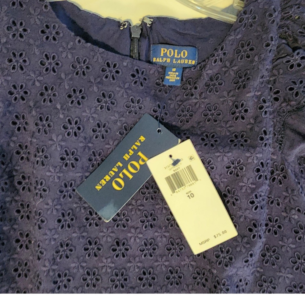 Polo Ralph Lauren Eyelet Dress Flutter Sleeve Navy Blue Girls Size 10 - Picture 3 of 4